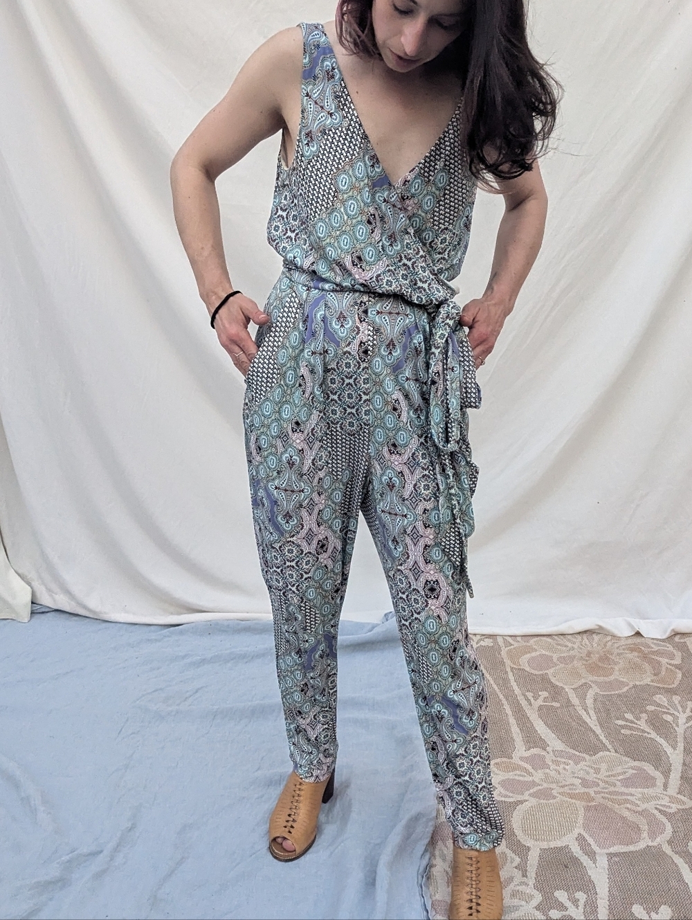 Paisley Print Teal Blue Jumpsuit Size Tall